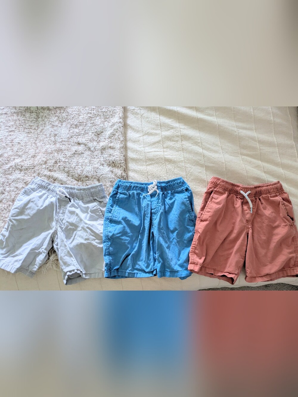 Casual Cotton Drawstring Pull On Shorts Trio - Blue/Gray, Royal Blue, Clay Red